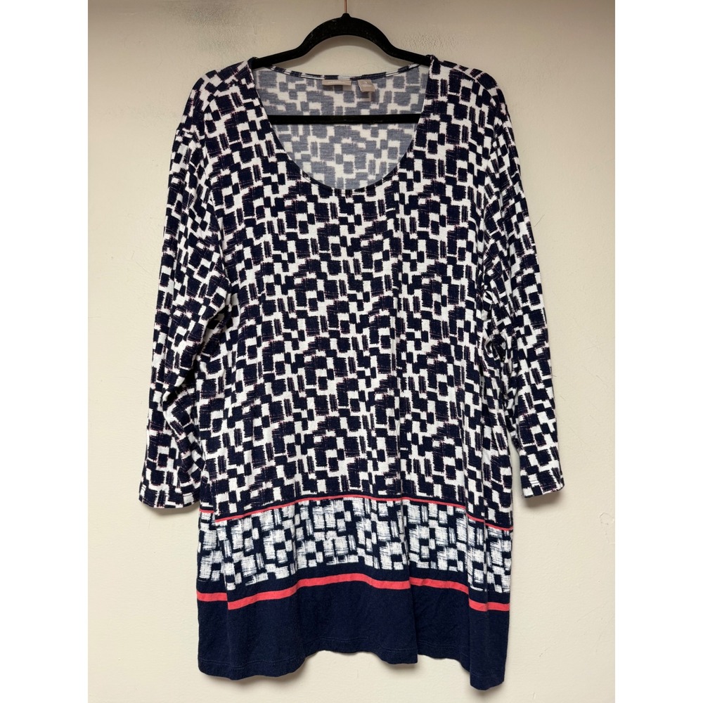 Chico's Tunic Top Womens 3 XL Blue White Excellent Geometric 3/4 Sleeve Knit